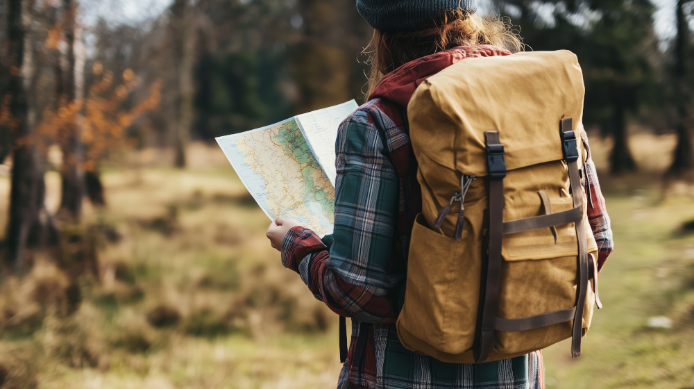 Wanderer mit Rucksack und Landkarte